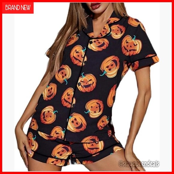 Other - Women's Halloween Pajama Set Pumpkin Print Short Sleeve Blouse Lounge Shorts